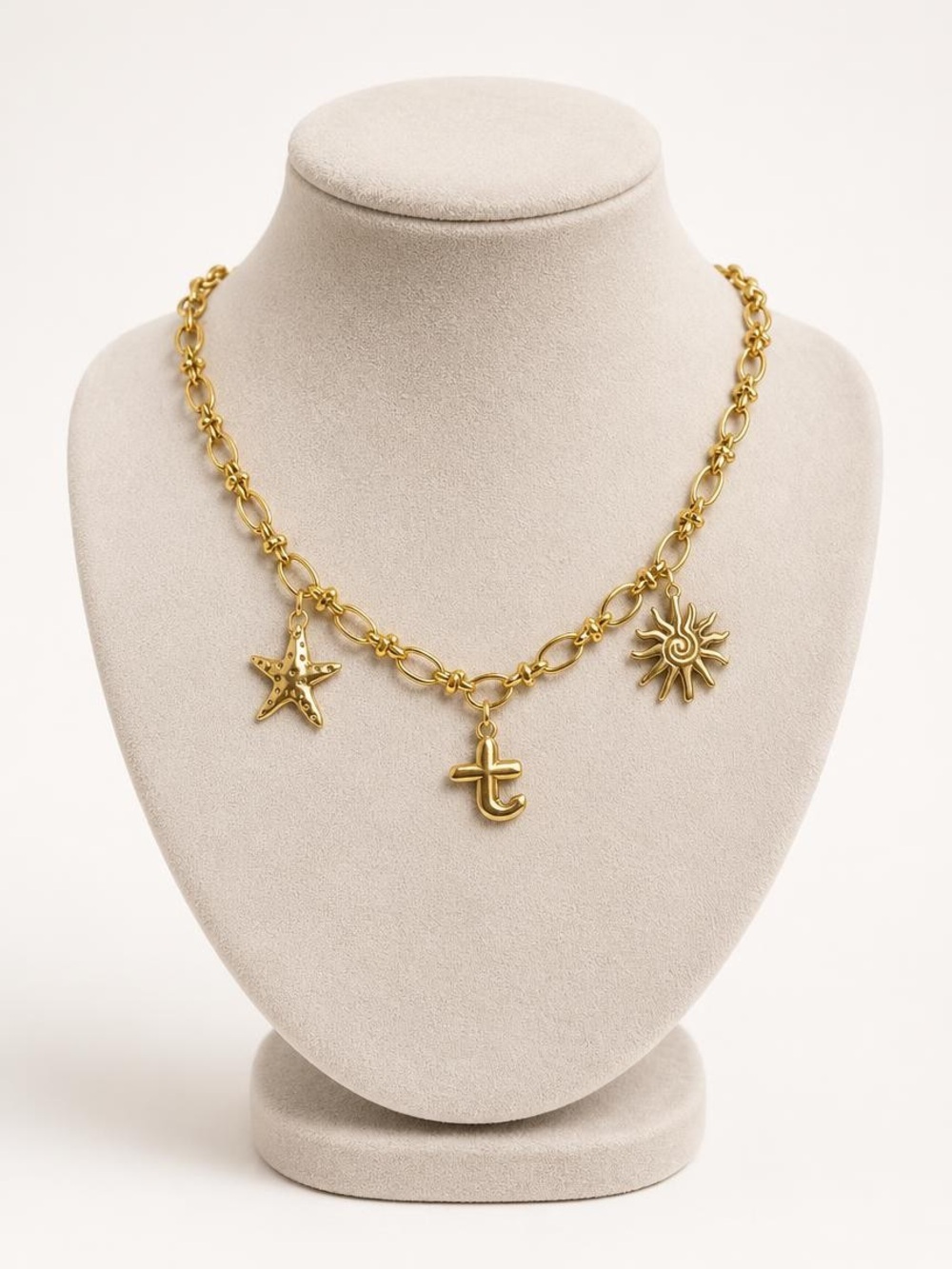 Gold Plated Charm Link Necklace. Charms: a sun, a star, t initial #personalized